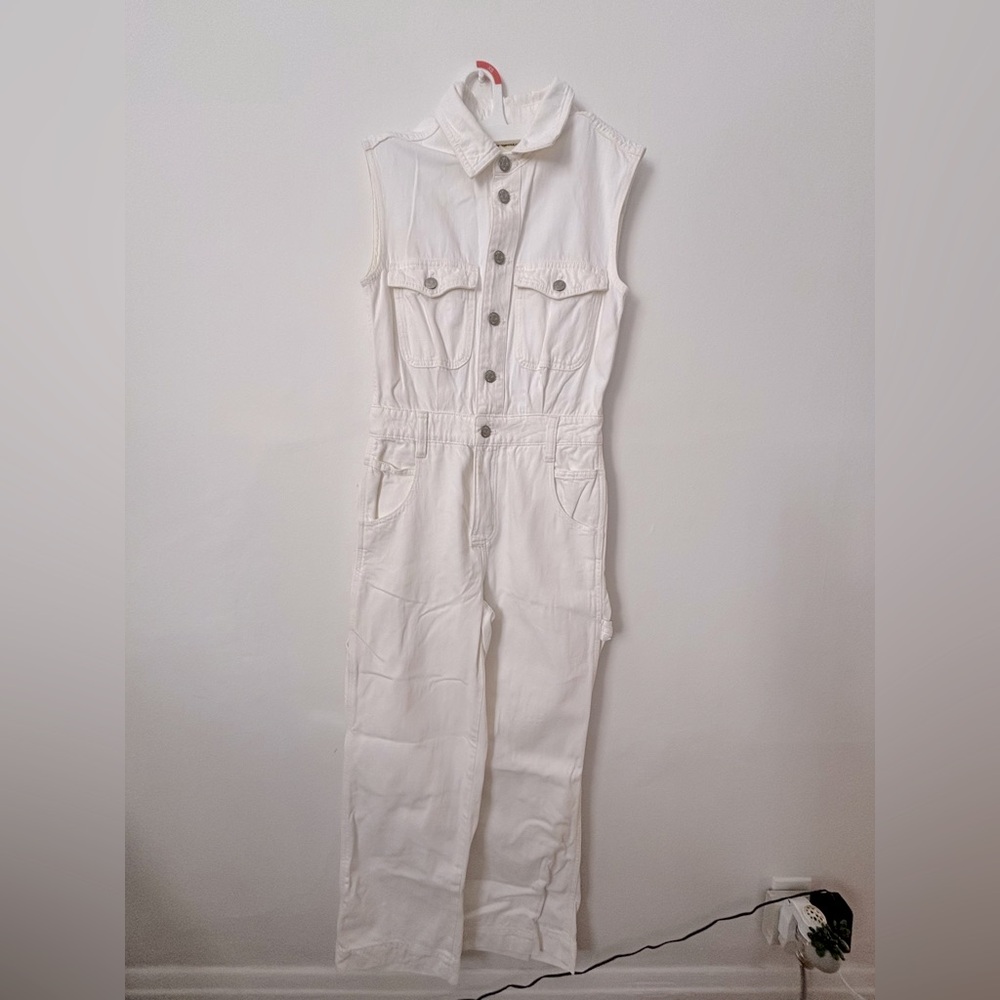 Denim Sleeveless Carpenter Jumpsuit in Tile While